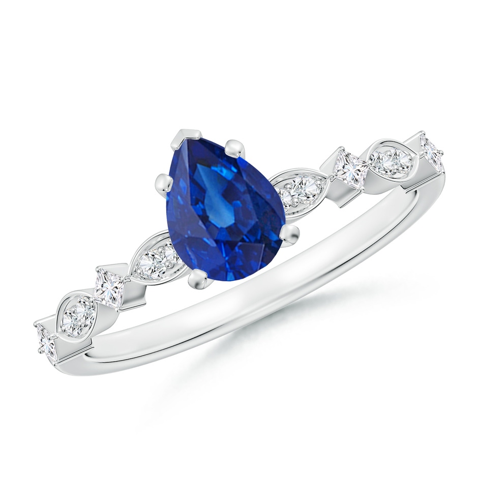 7x5mm AAA Pear Blue Sapphire Engagement Ring with Marquise Motifs in White Gold 