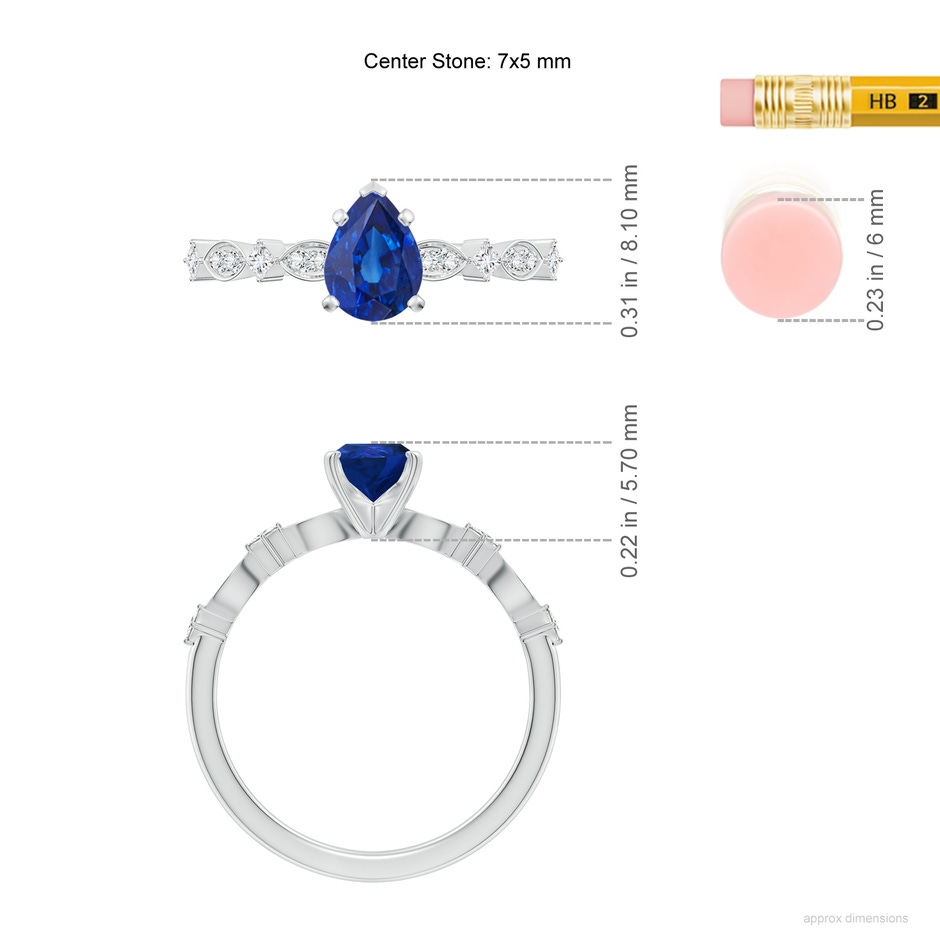 7x5mm AAA Pear Blue Sapphire Engagement Ring with Marquise Motifs in White Gold ruler