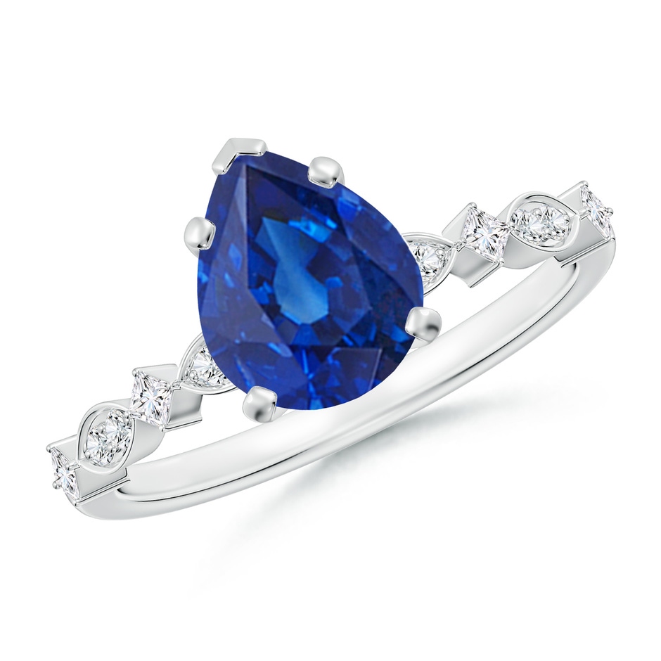 9x7mm AAA Pear Blue Sapphire Engagement Ring with Marquise Motifs in White Gold 