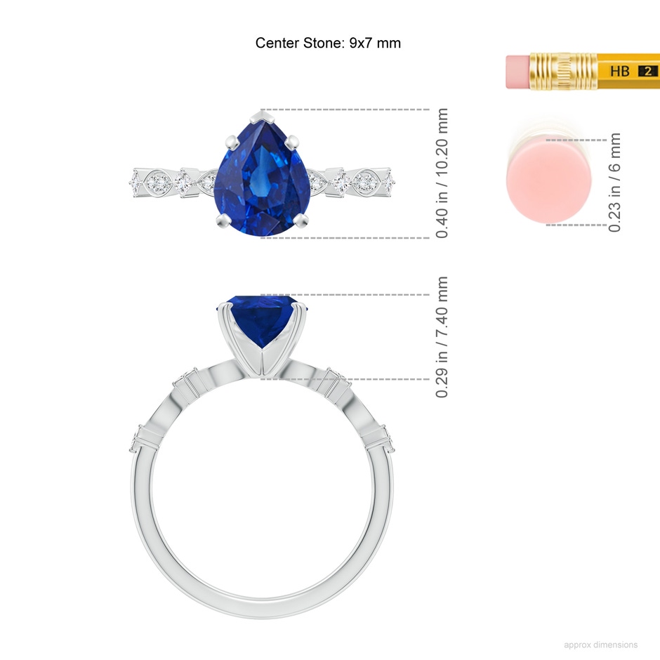 9x7mm AAA Pear Blue Sapphire Engagement Ring with Marquise Motifs in White Gold ruler