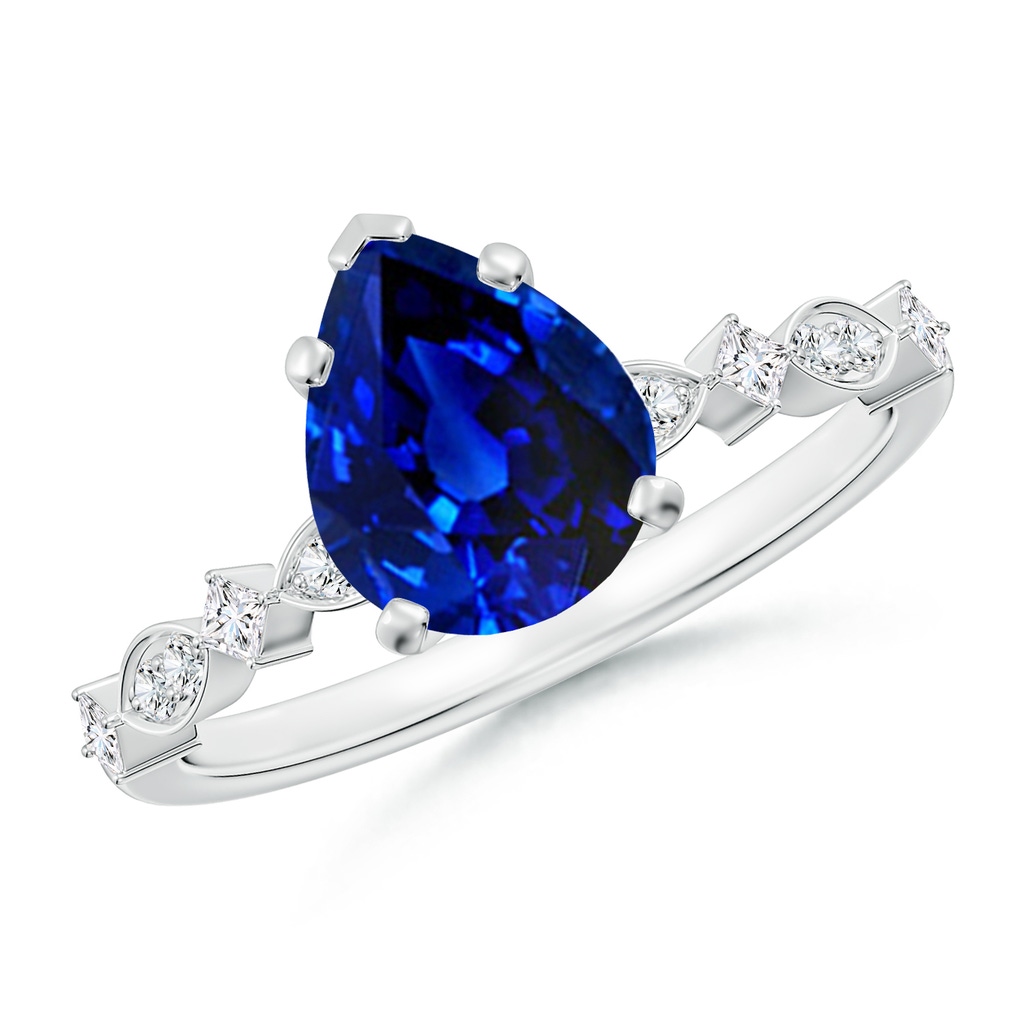 9x7mm Lab-Grown Pear Blue Sapphire Engagement Ring with Marquise Motifs in White Gold