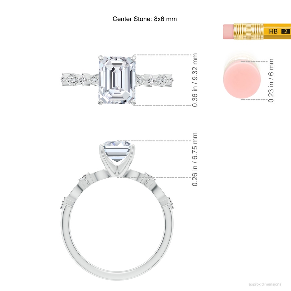 8x6mm HSI2 Emerald-Cut Diamond Engagement Ring with Marquise Motifs in White Gold ruler