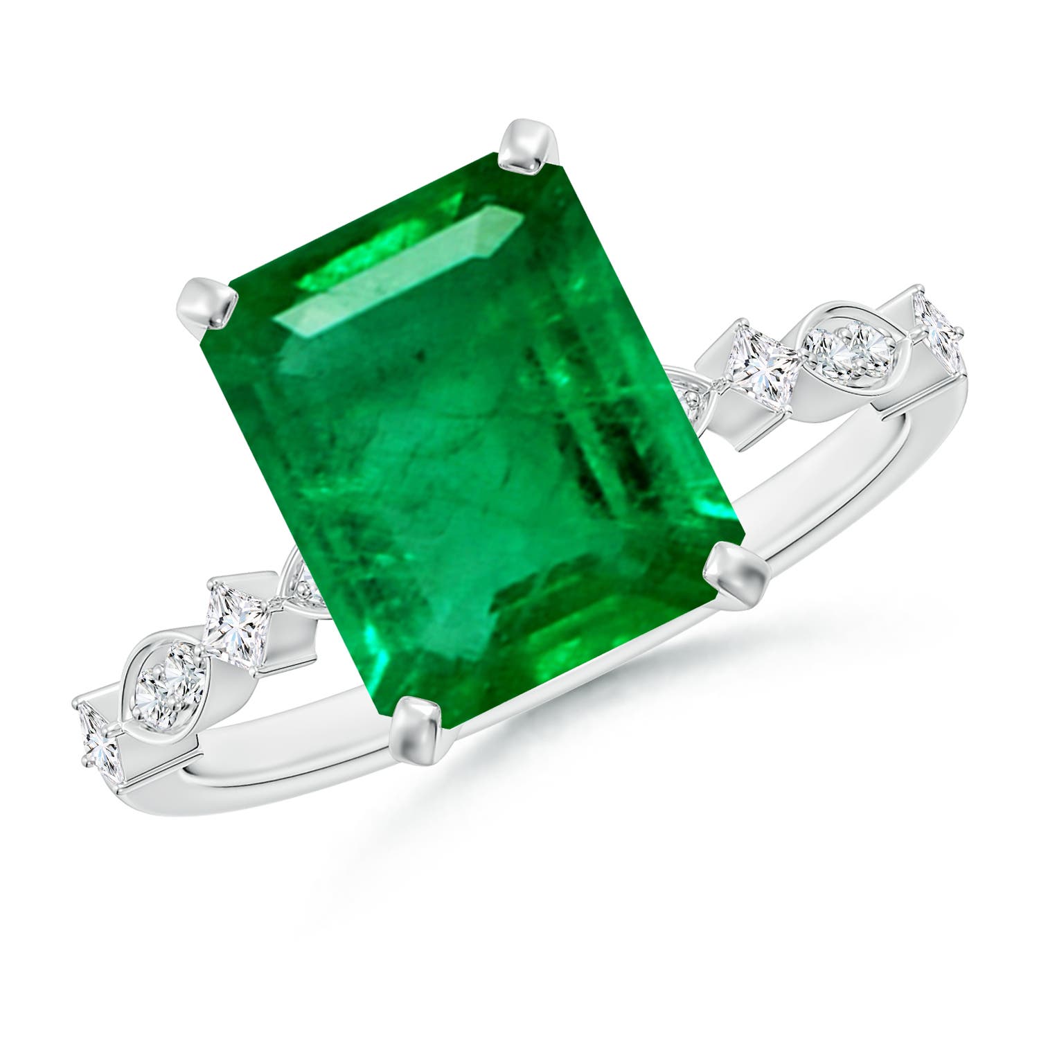 10x8mm AAA Emerald-Cut Emerald Engagement Ring with Marquise Motifs in White Gold