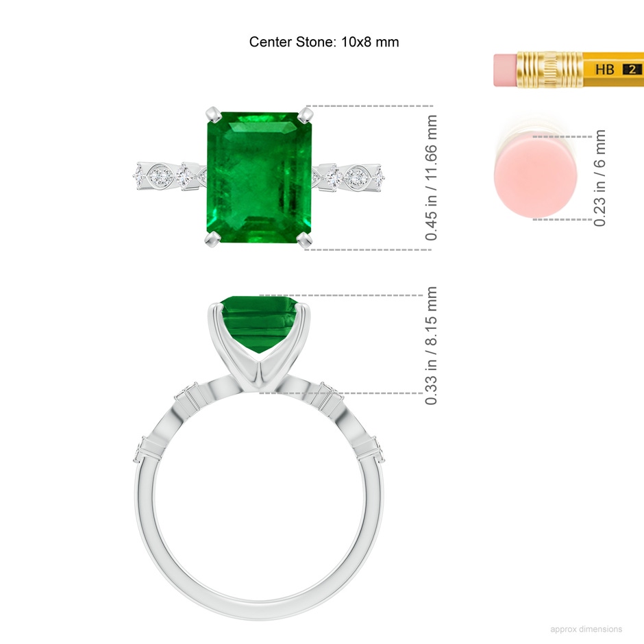 10x8mm AAAA Emerald-Cut Emerald Engagement Ring with Marquise Motifs in White Gold ruler