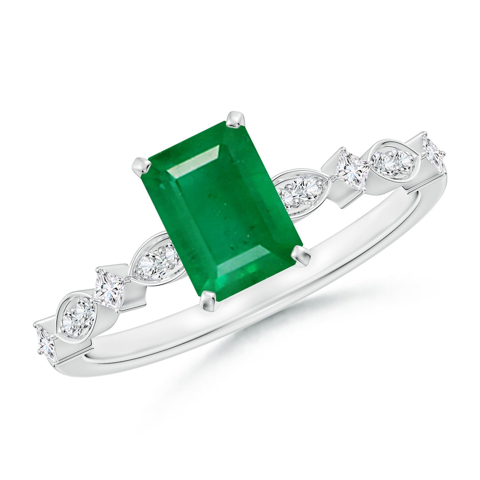 7x5mm AA Emerald-Cut Emerald Engagement Ring with Marquise Motifs in White Gold 