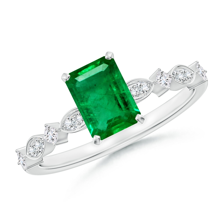 7x5mm AAA Emerald-Cut Emerald Engagement Ring with Marquise Motifs in White Gold 