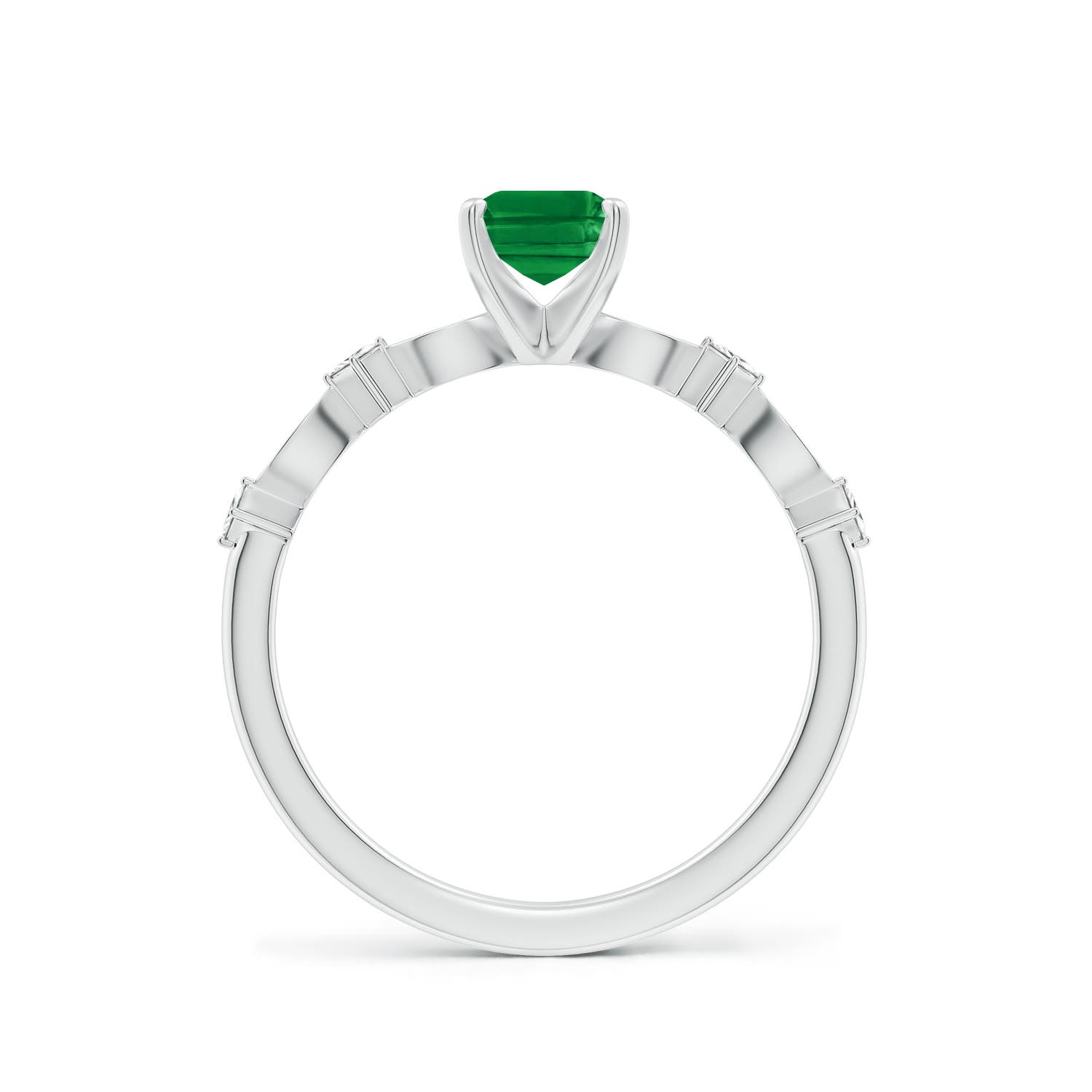 7x5mm AAA Emerald-Cut Emerald Engagement Ring with Marquise Motifs in White Gold - side 2