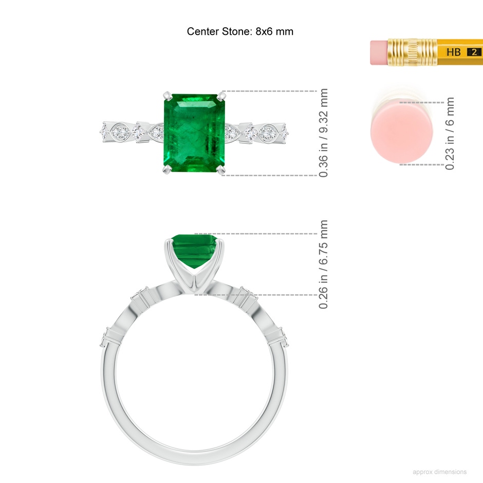8x6mm AAA Emerald-Cut Emerald Engagement Ring with Marquise Motifs in White Gold ruler