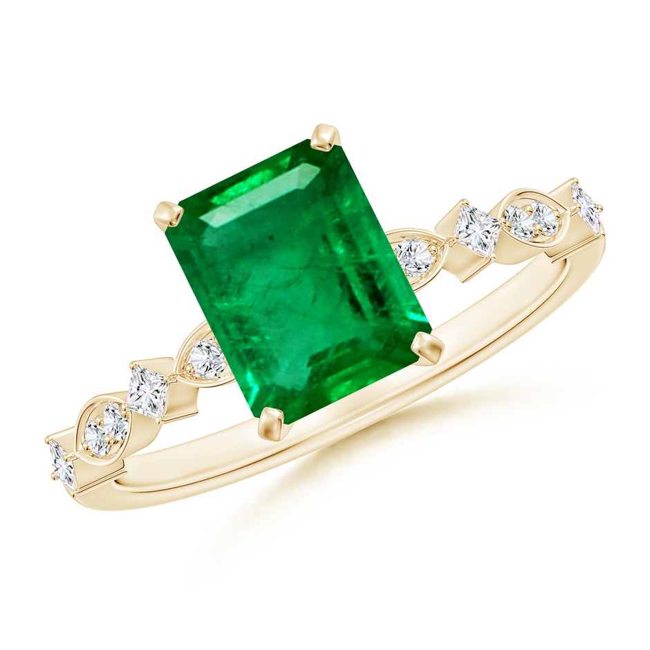 8x6mm AAA Emerald-Cut Emerald Engagement Ring with Marquise Motifs in Yellow Gold 