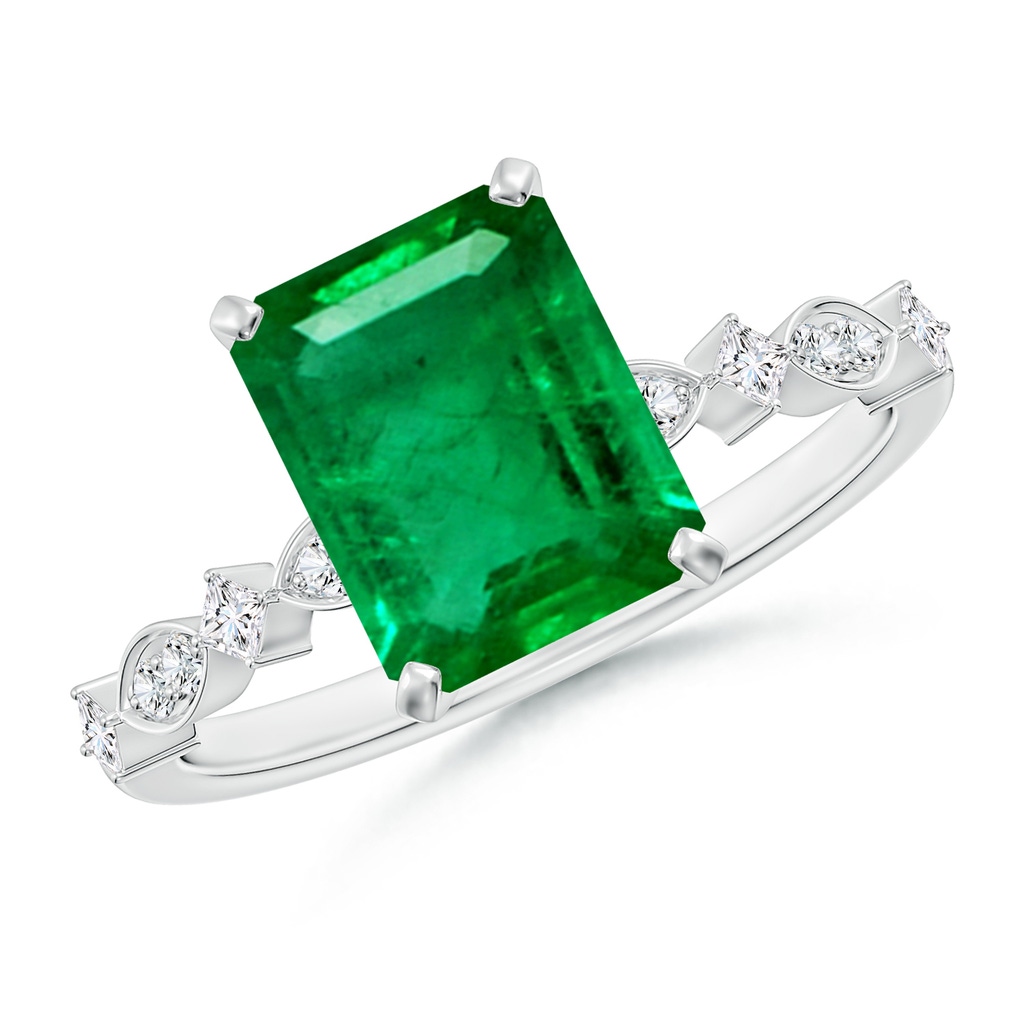 9x7mm AAA Emerald-Cut Emerald Engagement Ring with Marquise Motifs in White Gold