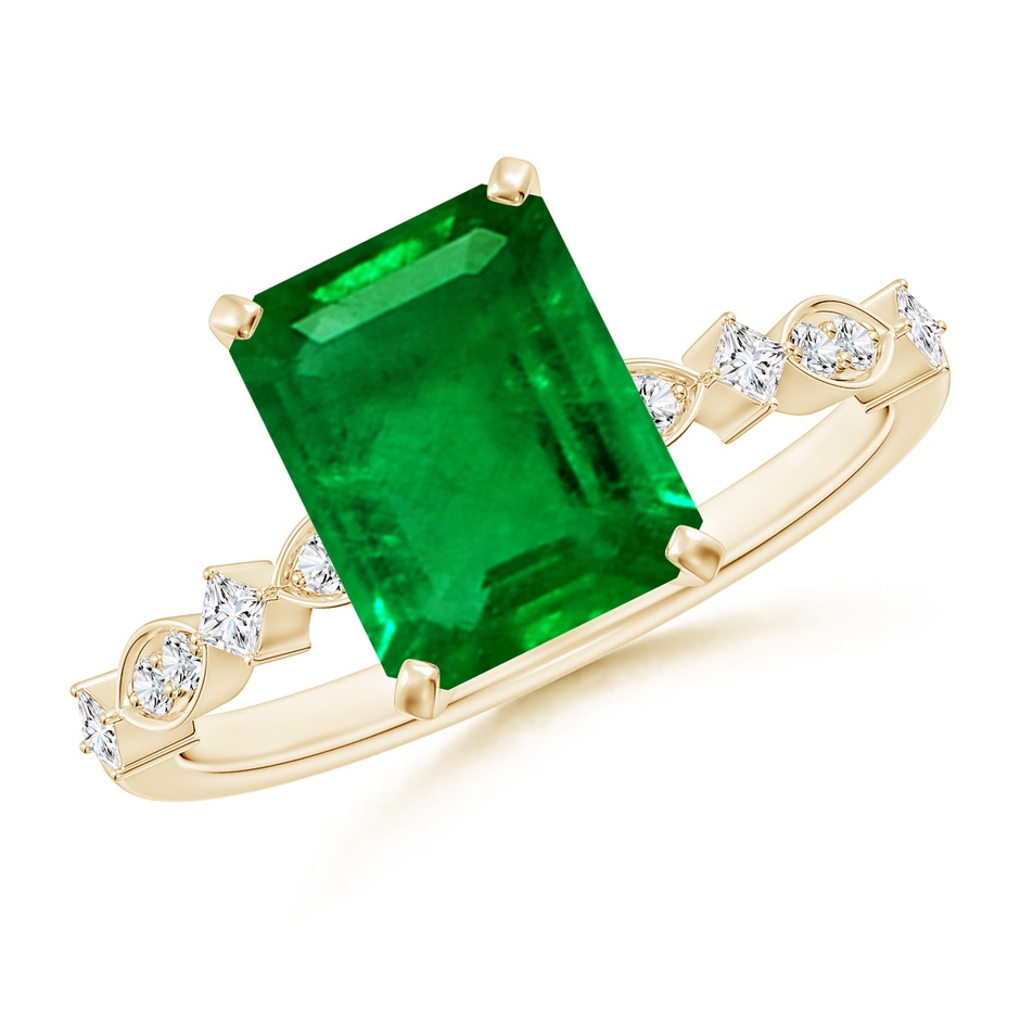 9x7mm AAAA Emerald-Cut Emerald Engagement Ring with Marquise Motifs in Yellow Gold 