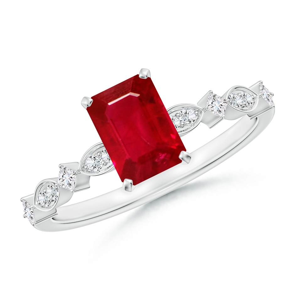 7x5mm AAA Emerald-Cut Ruby Engagement Ring with Marquise Motifs in White Gold 