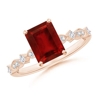 8x6mm AAAA Emerald-Cut Ruby Engagement Ring with Marquise Motifs in Rose Gold