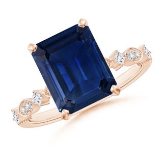 10x8mm AAA Emerald-Cut Blue Sapphire Engagement Ring with Marquise Motifs in Rose Gold