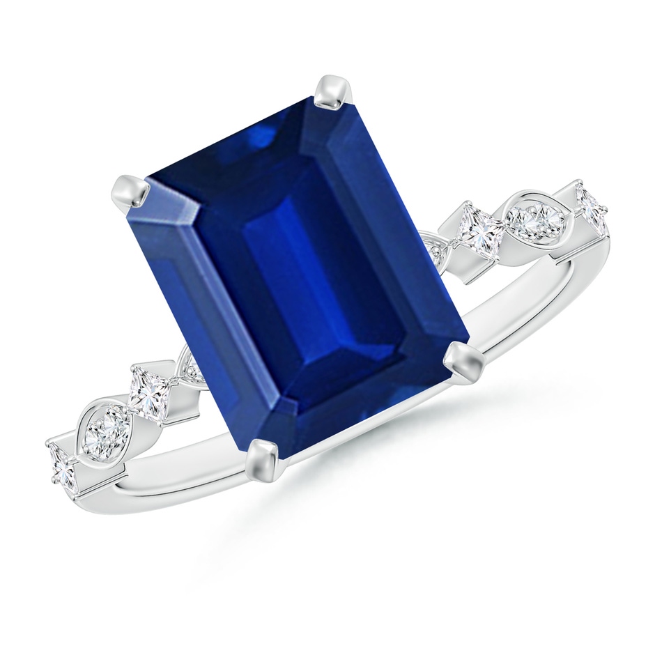 10x8mm Lab-Grown Emerald-Cut Blue Sapphire Engagement Ring with Marquise Motifs in 18K White Gold 