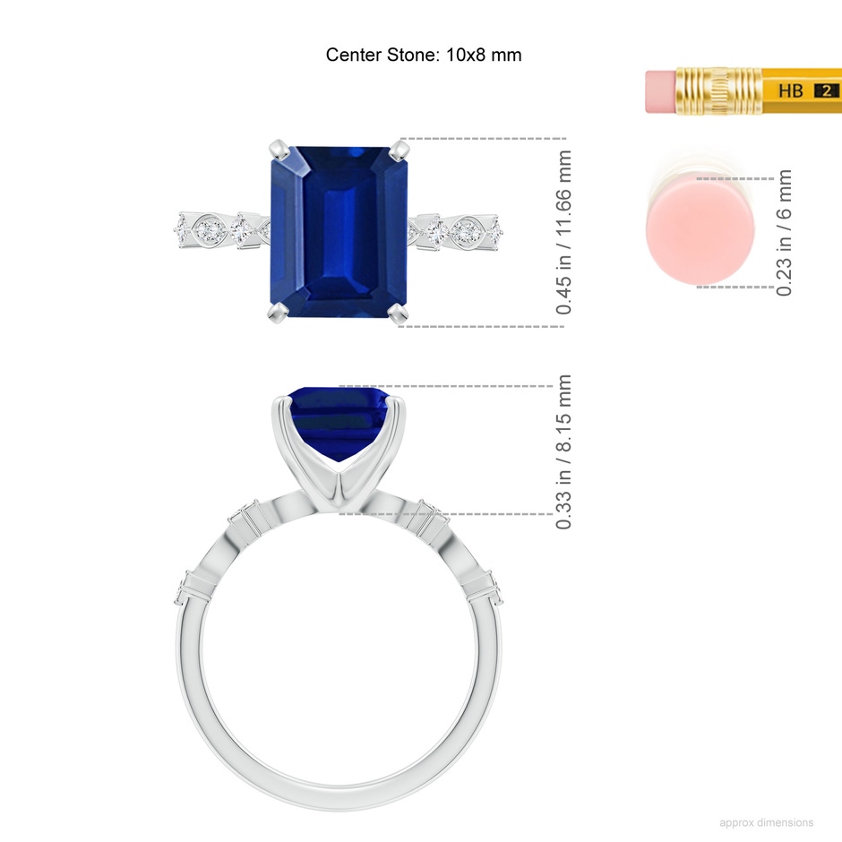 10x8mm Lab-Grown Emerald-Cut Blue Sapphire Engagement Ring with Marquise Motifs in 18K White Gold ruler