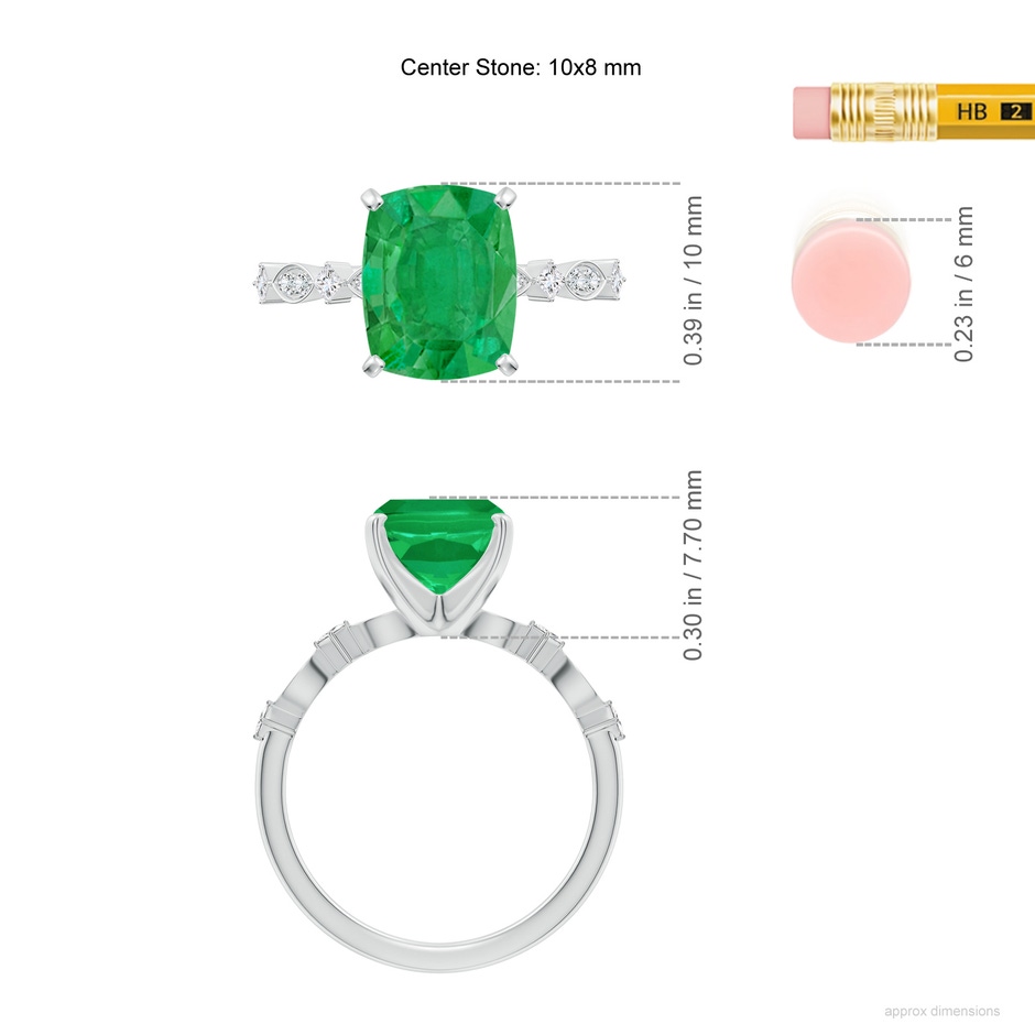 10x8mm AA Cushion Rectangular Emerald Engagement Ring with Marquise Motifs in White Gold ruler