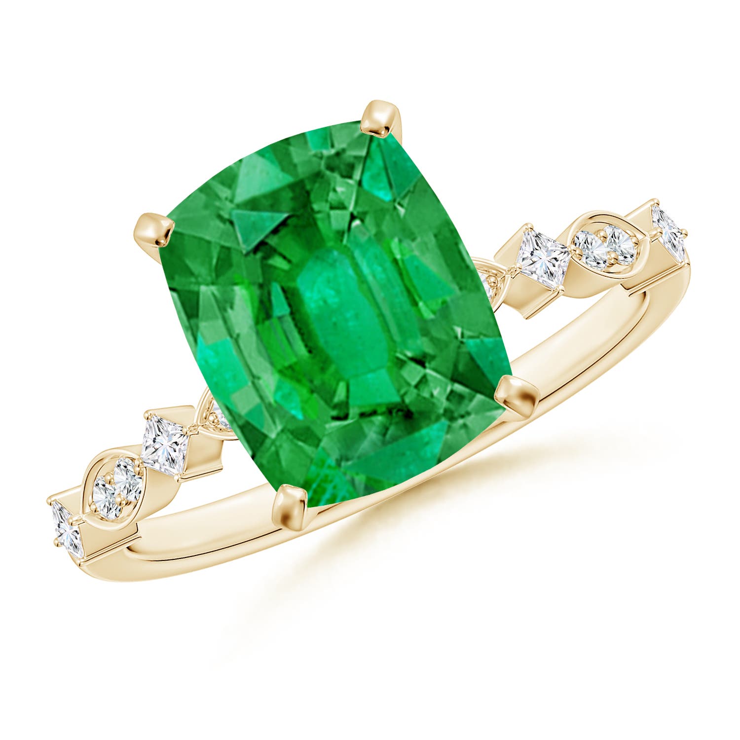 10x8mm AAA Cushion Rectangular Emerald Engagement Ring with Marquise Motifs in Yellow Gold