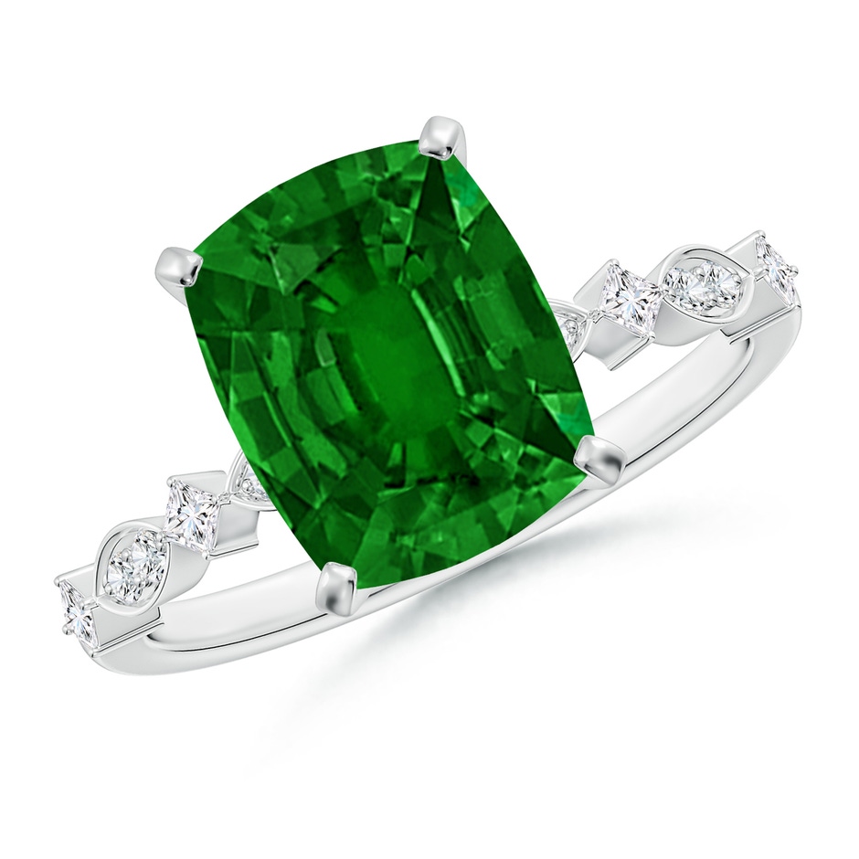 10x8mm AAAA Cushion Rectangular Emerald Engagement Ring with Marquise Motifs in White Gold 