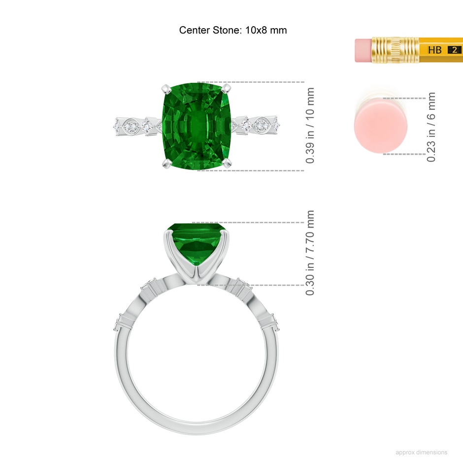 10x8mm AAAA Cushion Rectangular Emerald Engagement Ring with Marquise Motifs in White Gold ruler