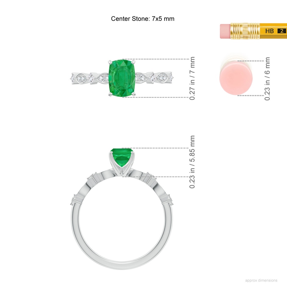 7x5mm AA Cushion Rectangular Emerald Engagement Ring with Marquise Motifs in White Gold ruler
