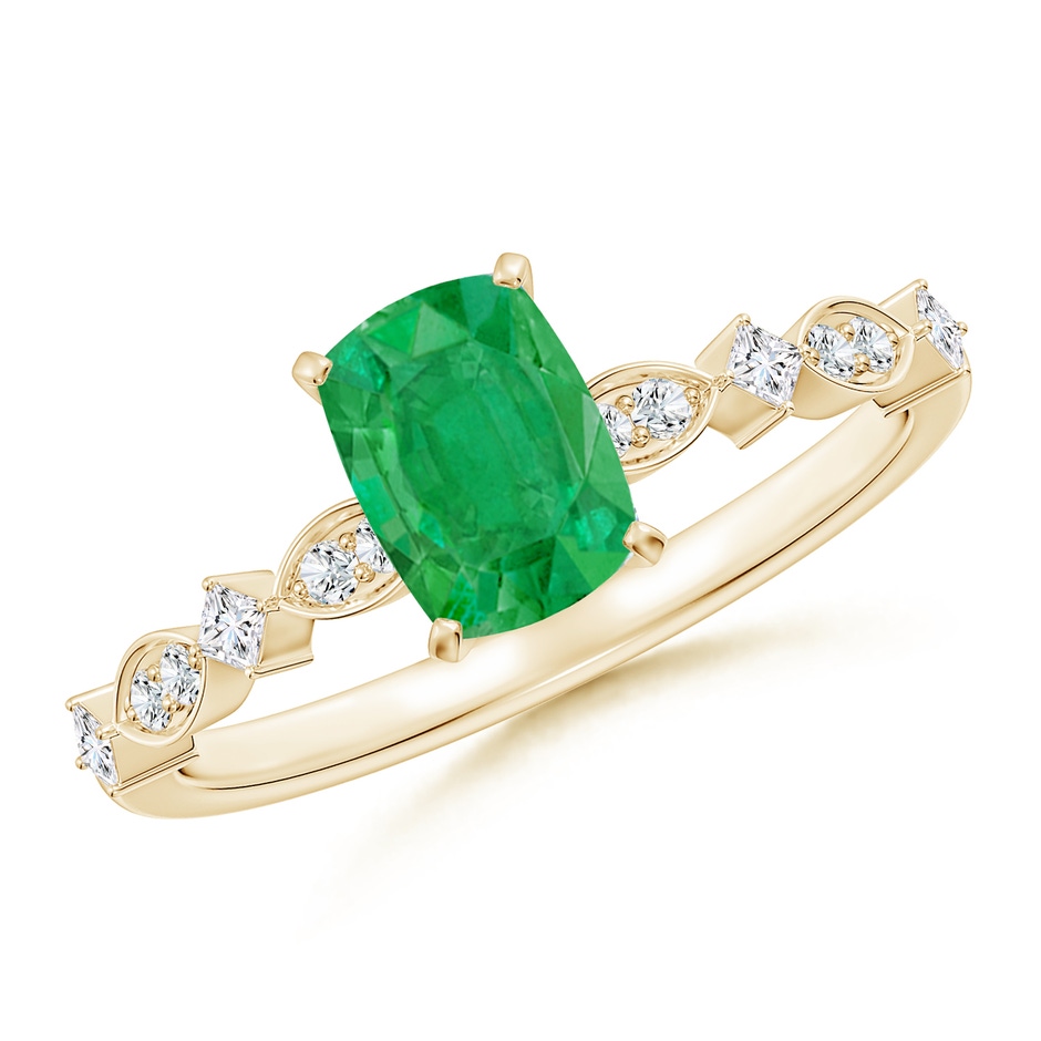 7x5mm AA Cushion Rectangular Emerald Engagement Ring with Marquise Motifs in Yellow Gold 