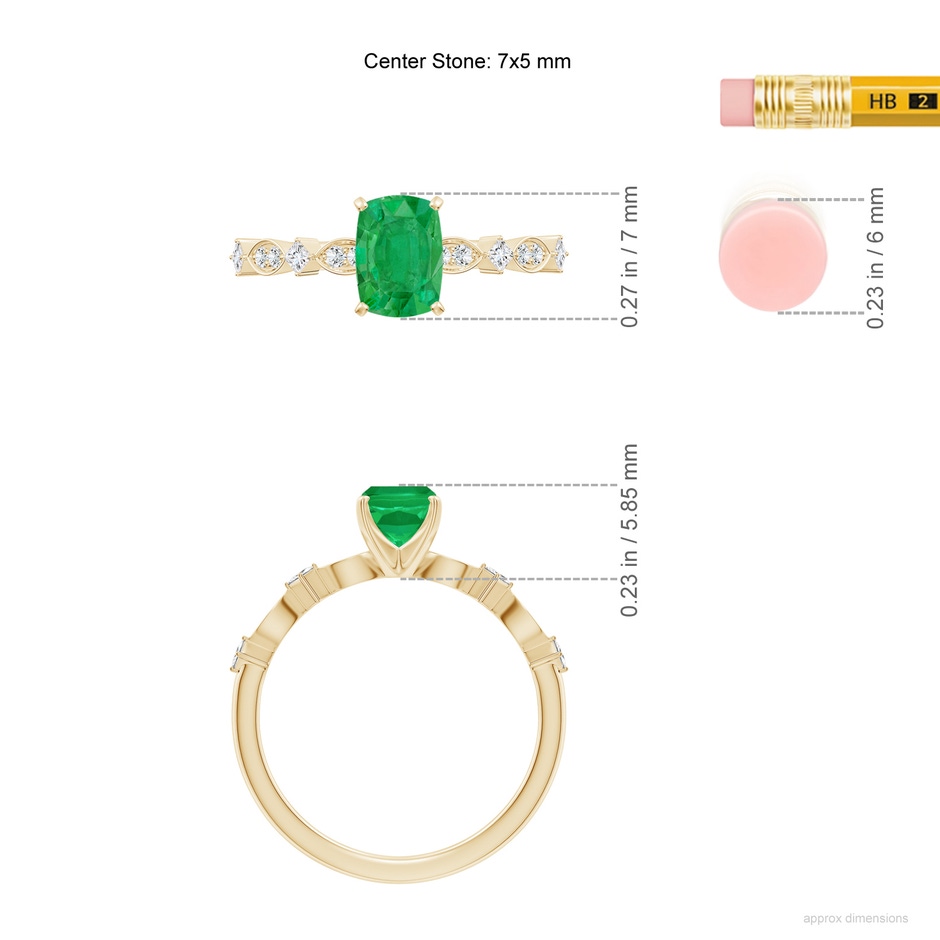 7x5mm AA Cushion Rectangular Emerald Engagement Ring with Marquise Motifs in Yellow Gold ruler