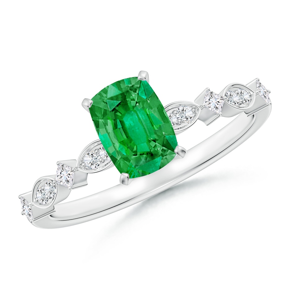7x5mm AAA Cushion Rectangular Emerald Engagement Ring with Marquise Motifs in White Gold 