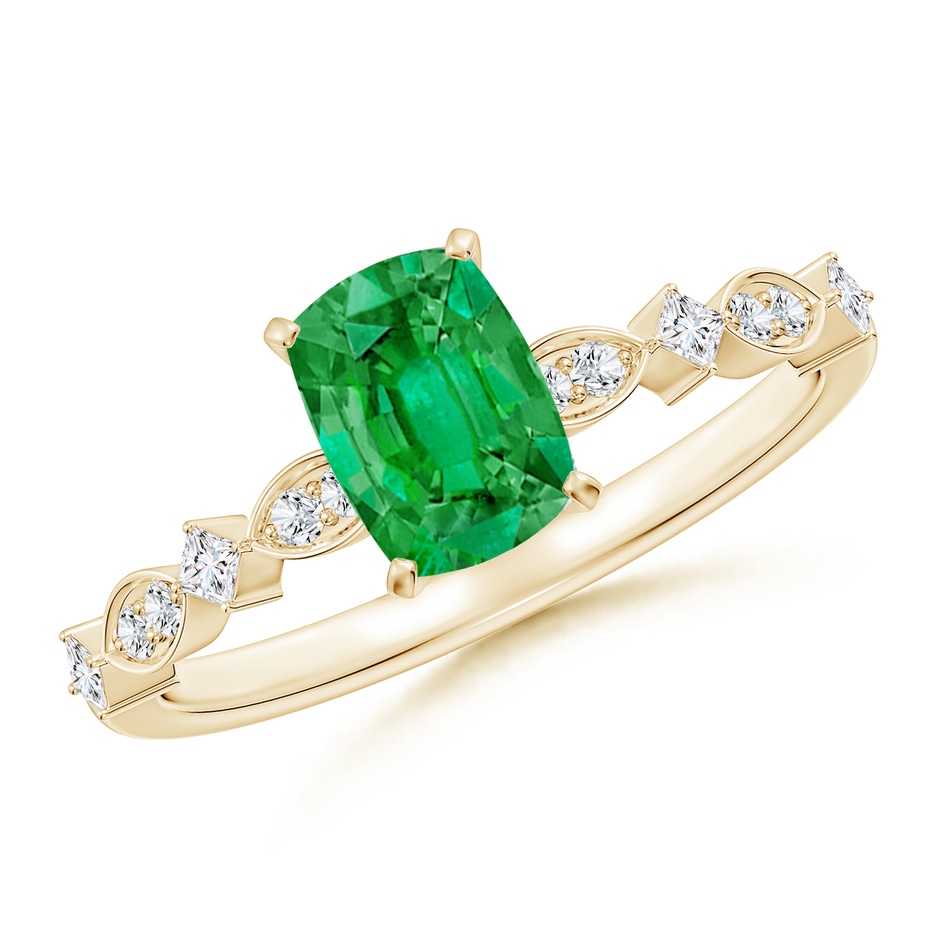7x5mm AAA Cushion Rectangular Emerald Engagement Ring with Marquise Motifs in Yellow Gold 