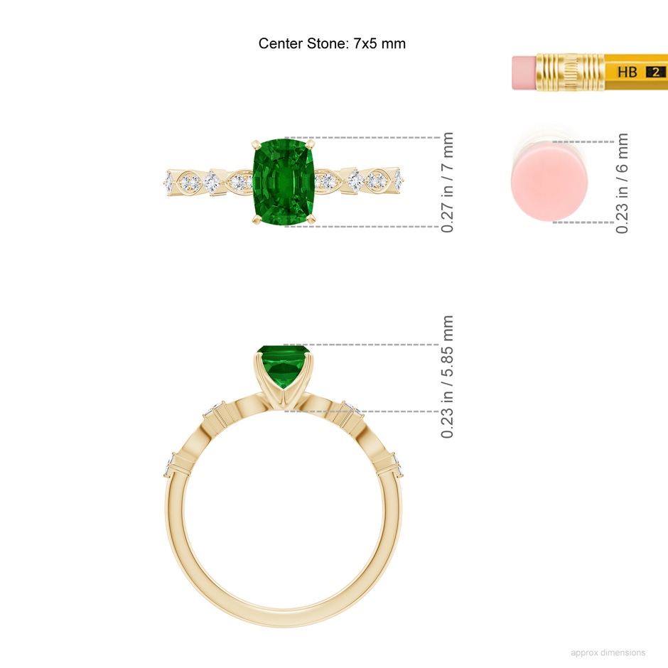 7x5mm AAAA Cushion Rectangular Emerald Engagement Ring with Marquise Motifs in 18K Yellow Gold ruler