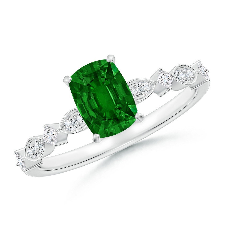 7x5mm AAAA Cushion Rectangular Emerald Engagement Ring with Marquise Motifs in White Gold 