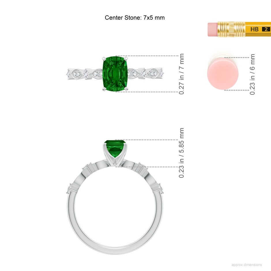 7x5mm AAAA Cushion Rectangular Emerald Engagement Ring with Marquise Motifs in White Gold ruler