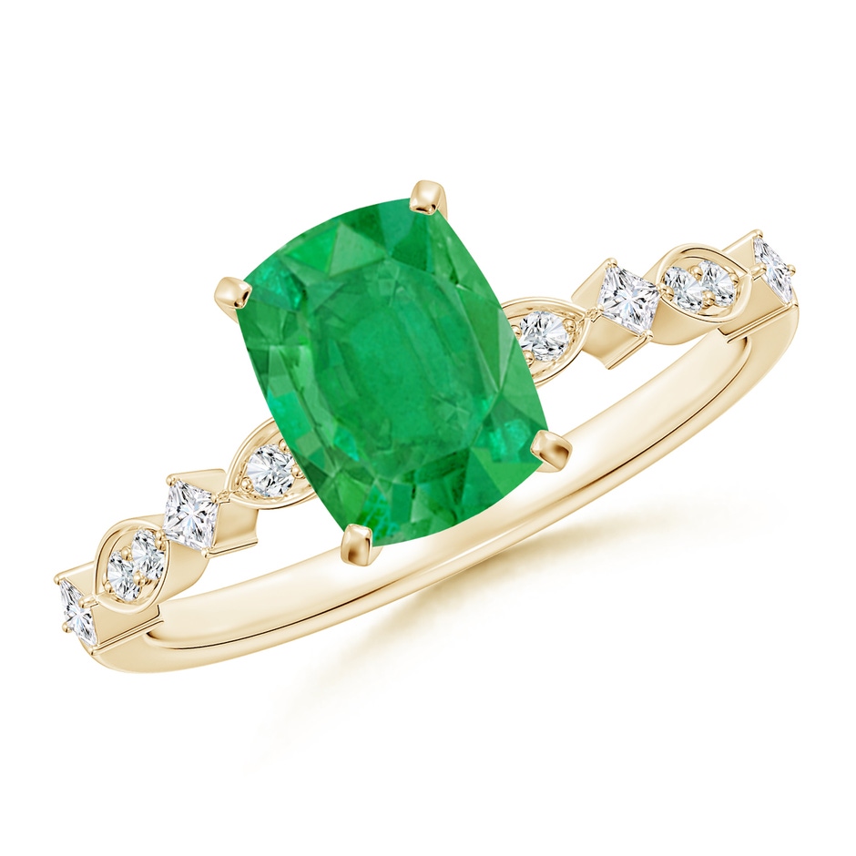 8x6mm AA Cushion Rectangular Emerald Engagement Ring with Marquise Motifs in 18K Yellow Gold 