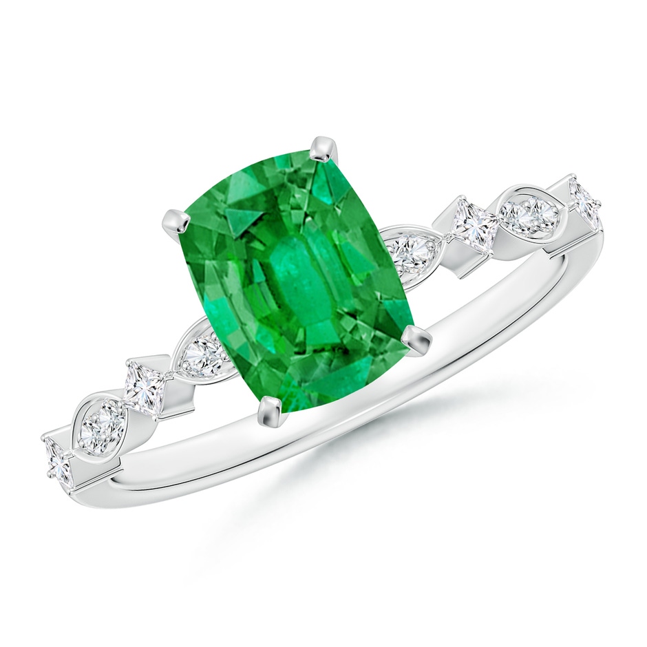 8x6mm AAA Cushion Rectangular Emerald Engagement Ring with Marquise Motifs in White Gold 