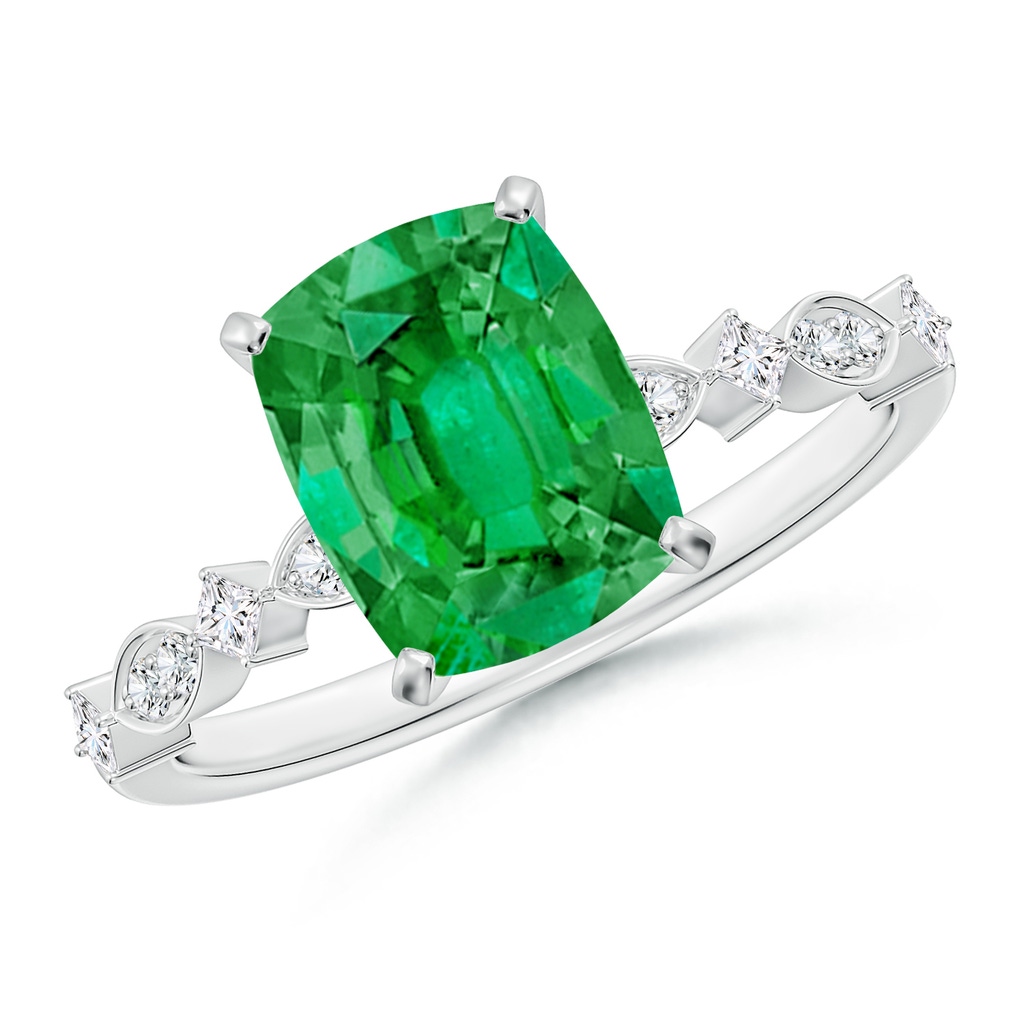 9x7mm AAA Cushion Rectangular Emerald Engagement Ring with Marquise Motifs in White Gold