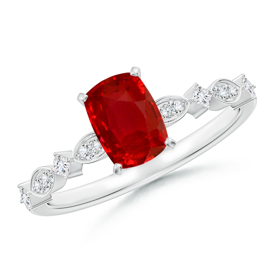 7x5mm AAA Cushion Rectangular Ruby Engagement Ring with Marquise Motifs in White Gold 