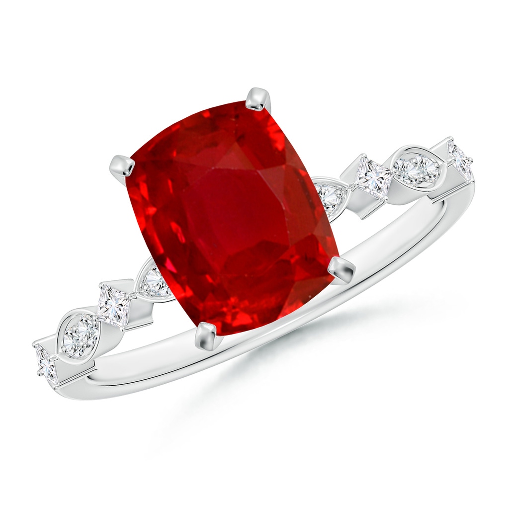 9x7mm AAA Cushion Rectangular Ruby Engagement Ring with Marquise Motifs in White Gold