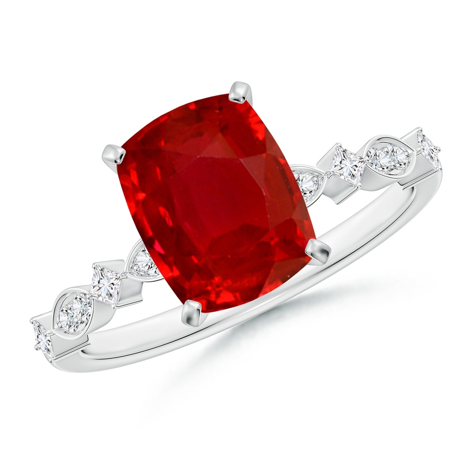 9x7mm AAA Cushion Rectangular Ruby Engagement Ring with Marquise Motifs in White Gold 