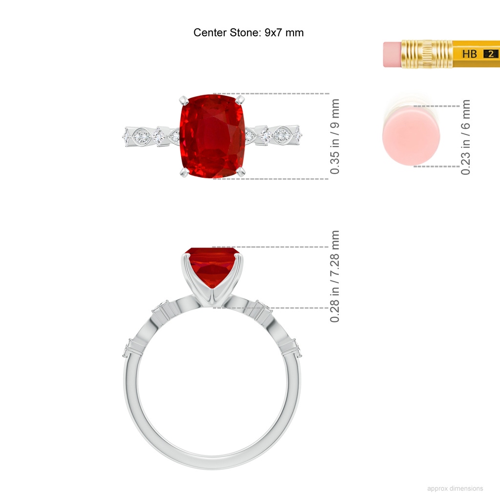 9x7mm AAA Cushion Rectangular Ruby Engagement Ring with Marquise Motifs in White Gold ruler