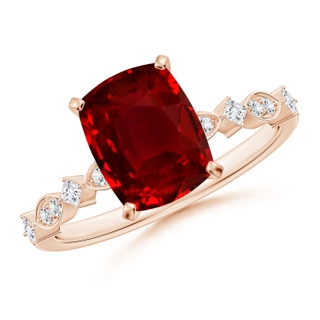 9x7mm AAAA Cushion Rectangular Ruby Engagement Ring with Marquise Motifs in Rose Gold