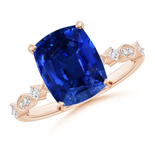 10x8mm AAAA Cushion Rectangular Blue Sapphire Engagement Ring with Marquise Motifs in Rose Gold