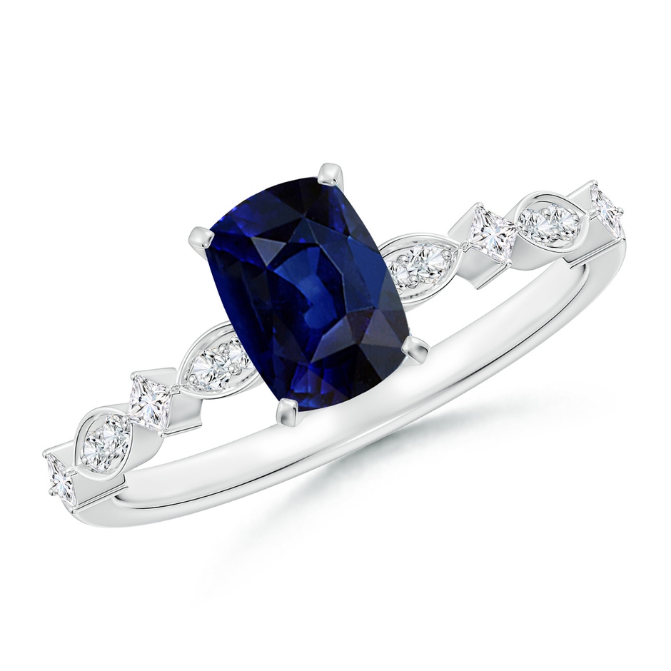 7x5mm AAA Cushion Rectangular Blue Sapphire Engagement Ring with Marquise Motifs in White Gold 