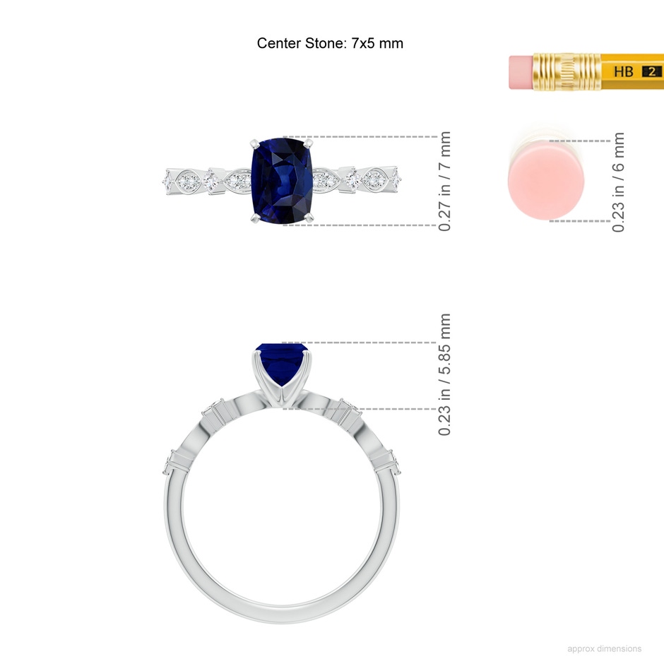 7x5mm AAA Cushion Rectangular Blue Sapphire Engagement Ring with Marquise Motifs in White Gold ruler