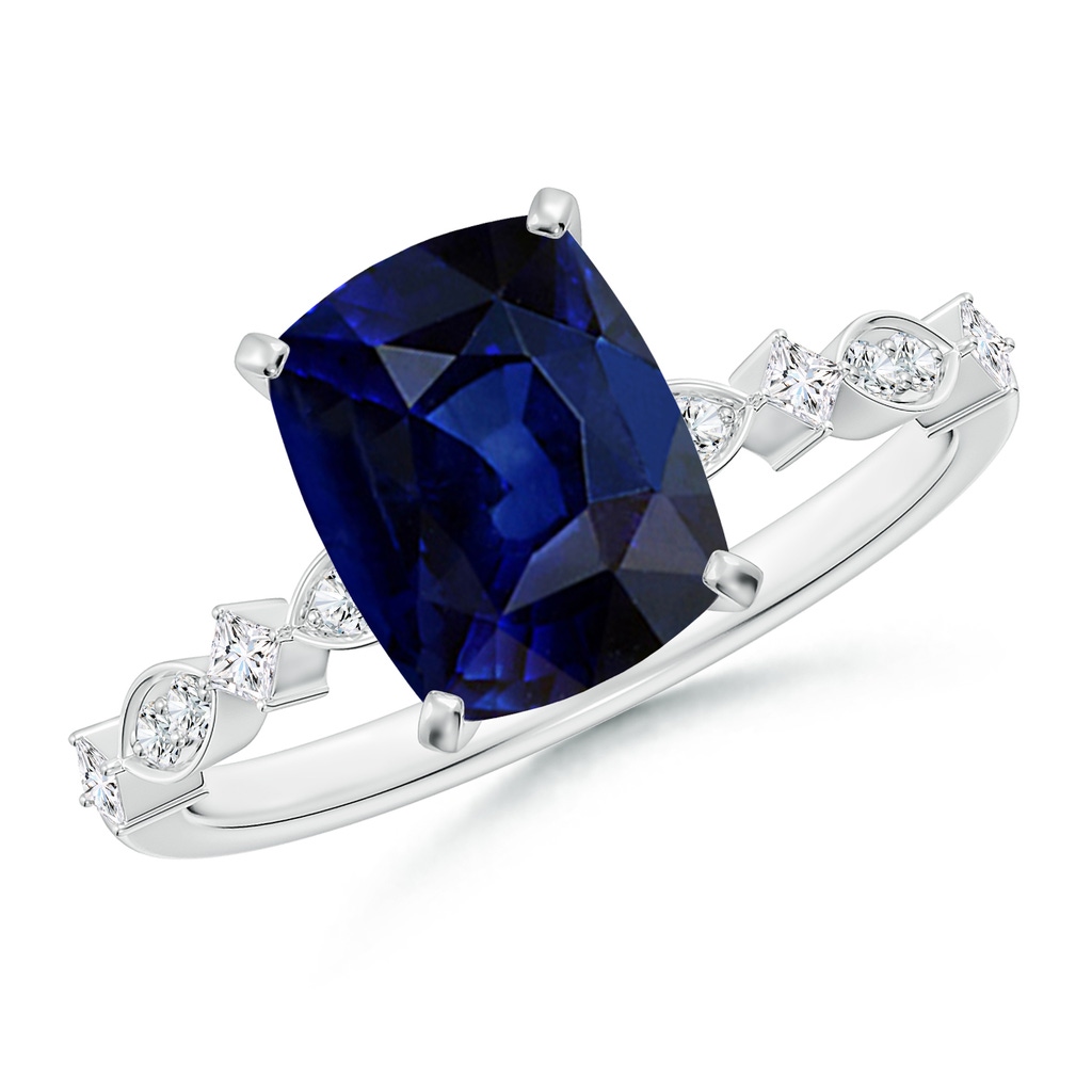 9x7mm AAA Cushion Rectangular Blue Sapphire Engagement Ring with Marquise Motifs in White Gold