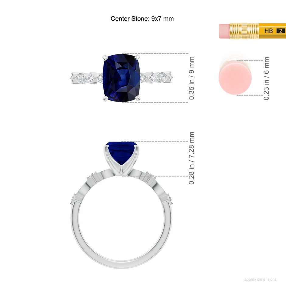 9x7mm AAA Cushion Rectangular Blue Sapphire Engagement Ring with Marquise Motifs in White Gold ruler