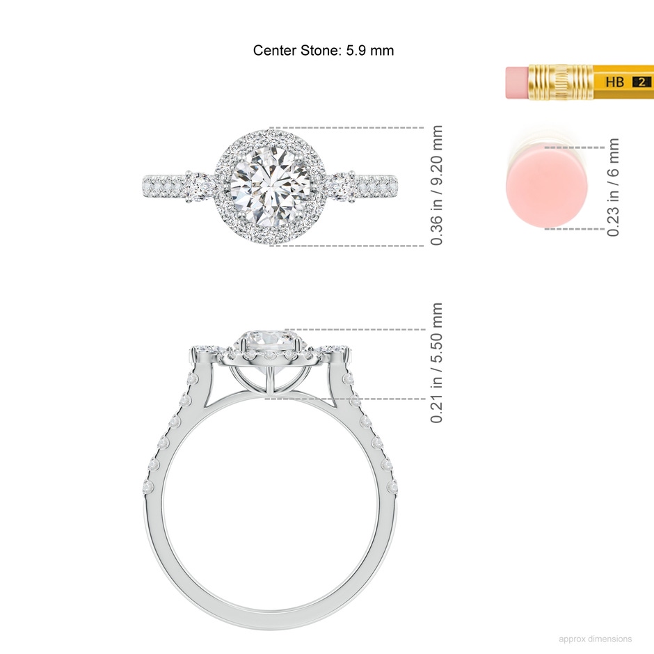 5.9mm HSI2 Round Diamond Halo Side Stone Engagement Ring in White Gold ruler