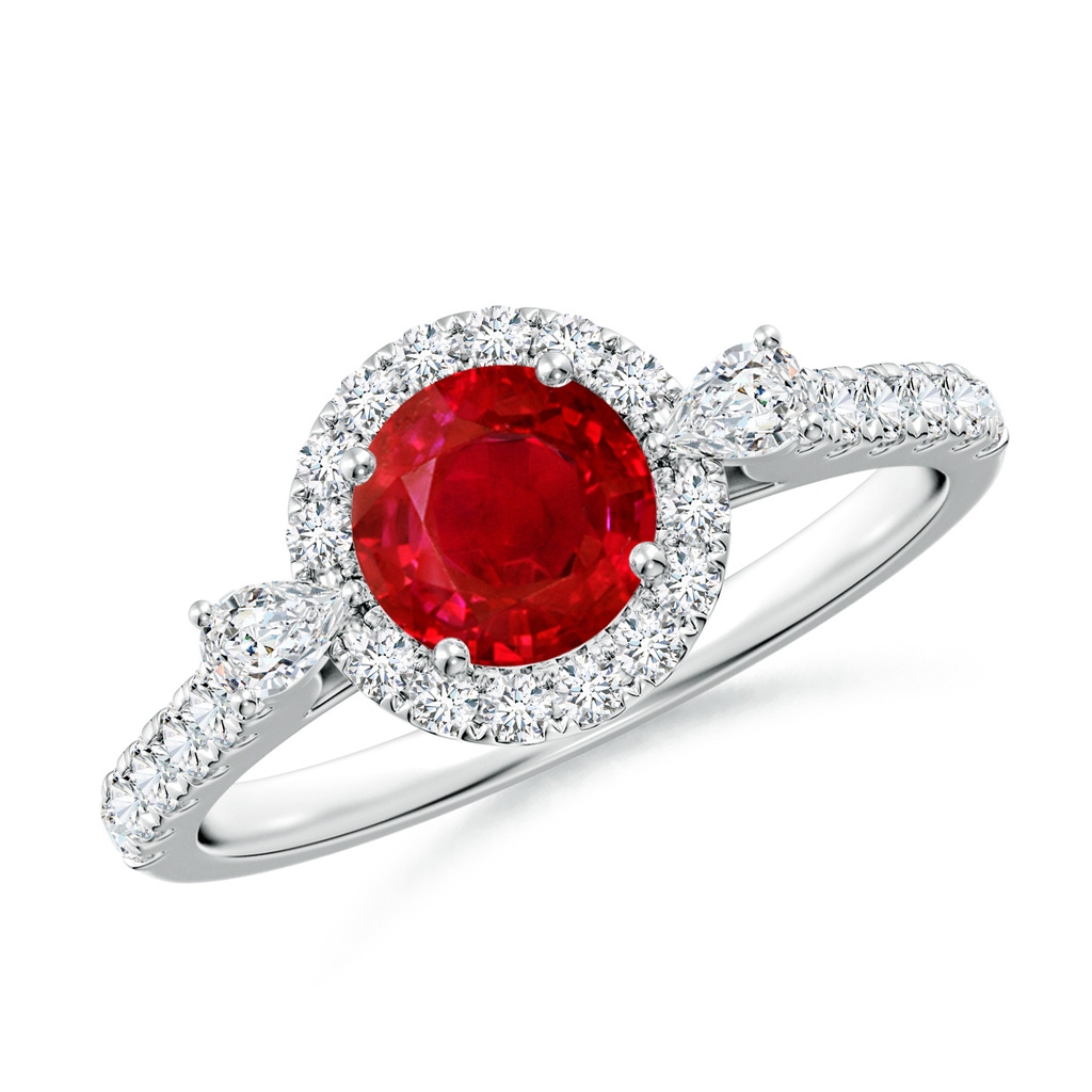 6mm AAA Round Ruby Halo Side Stone Engagement Ring in White Gold