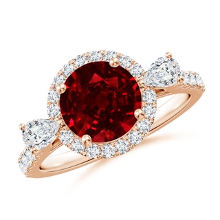 8mm AAAA Round Ruby Halo Side Stone Engagement Ring in Rose Gold