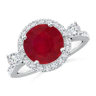9mm AA Round Ruby Halo Side Stone Engagement Ring in White Gold