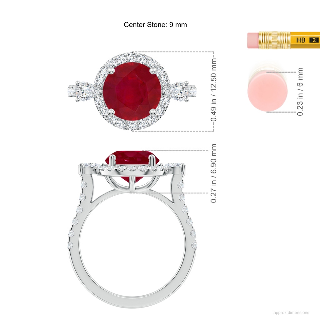 9mm AA Round Ruby Halo Side Stone Engagement Ring in White Gold ruler